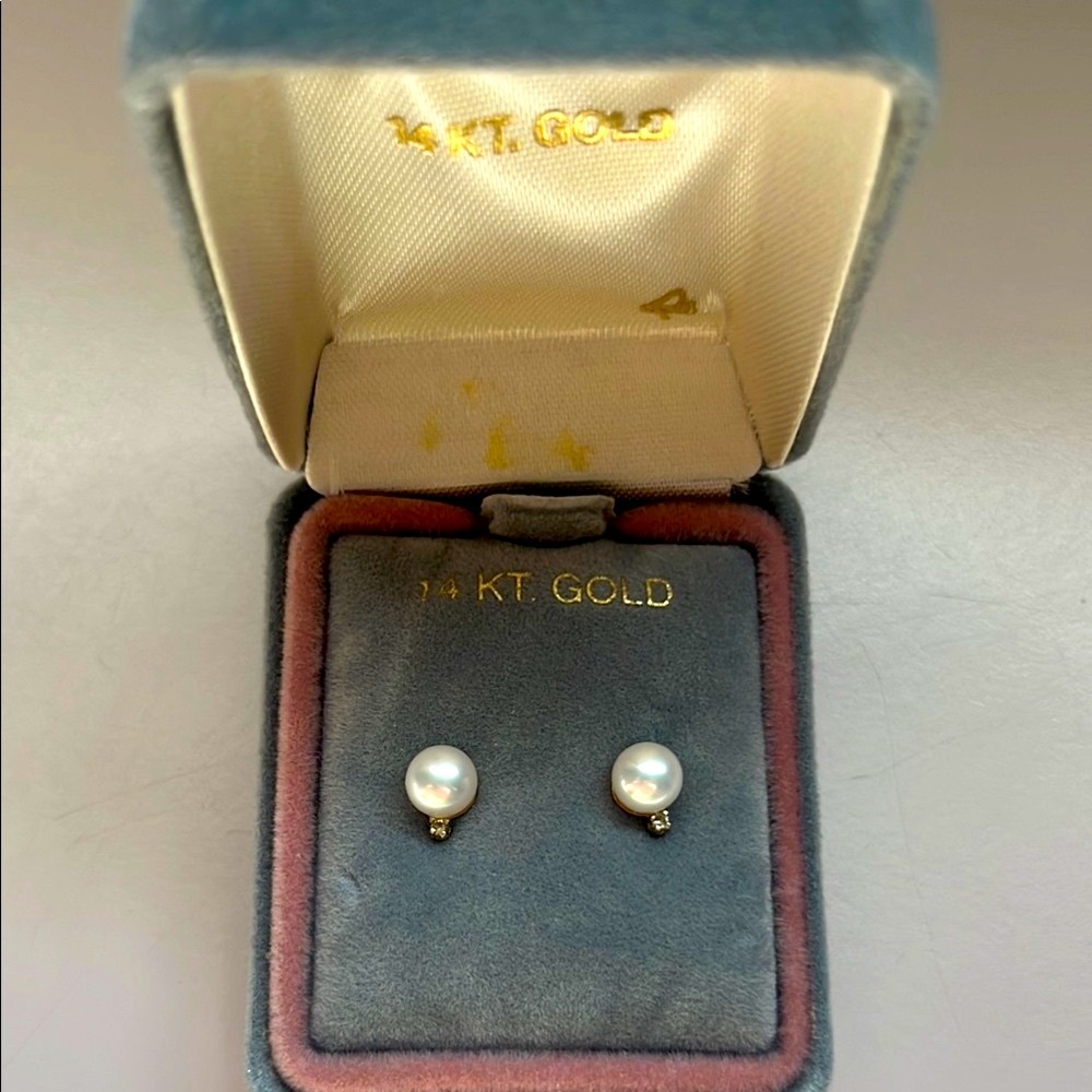 Pearl Stud and Diamond Earrings in 14k Gold Setting